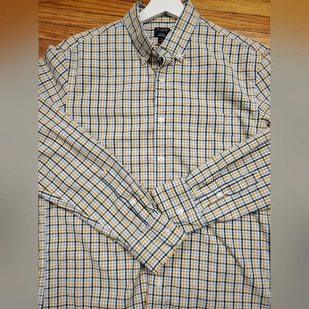 JCrew Flex Washed Green Yellow Plain Button Up Men's Cotton Shirt Size Large